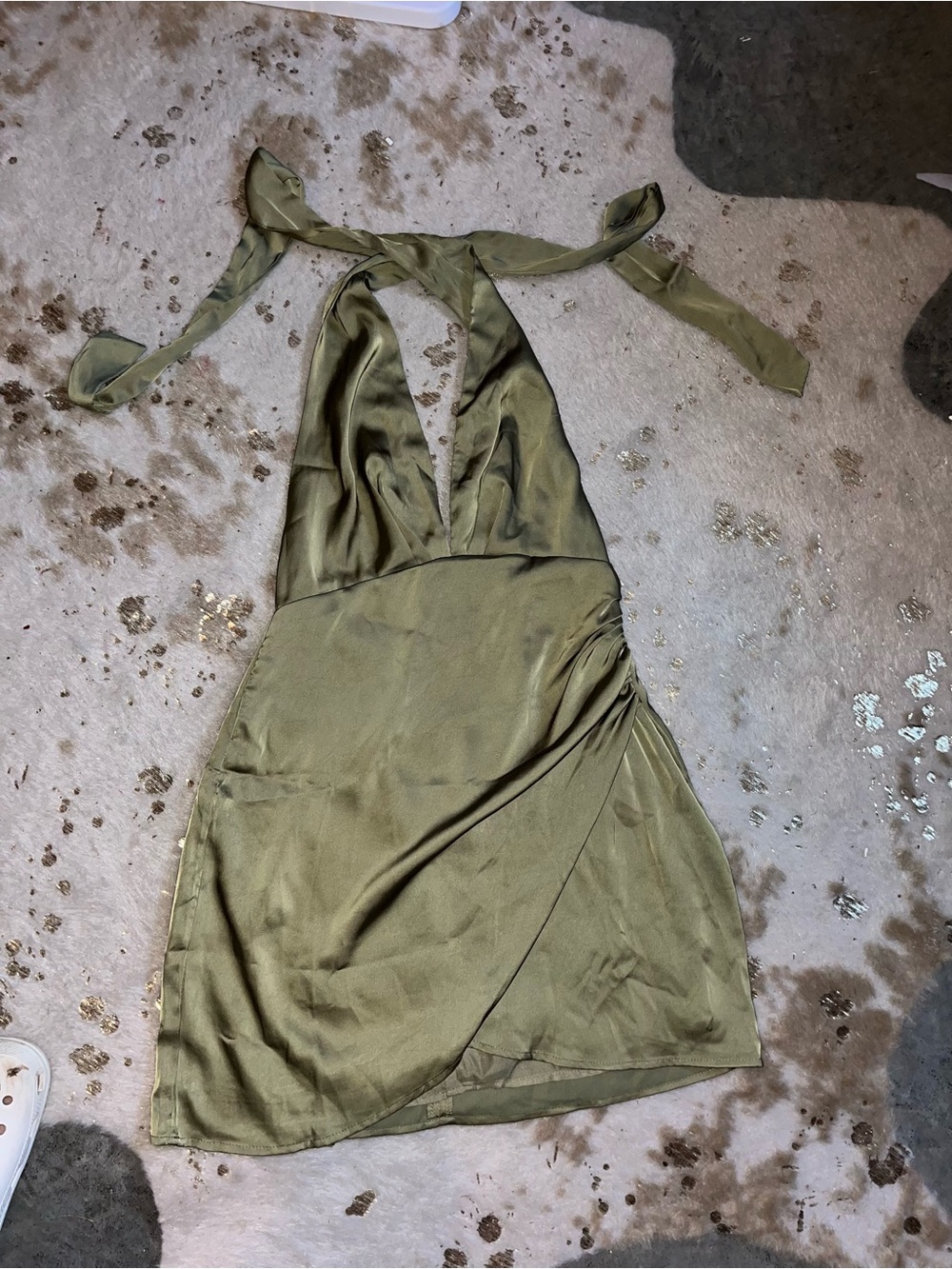 Olive Green Backless Silky Mini Dress
